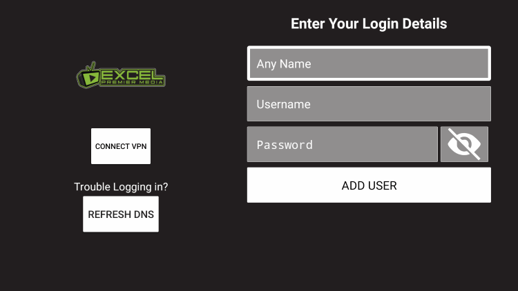 After you install the Excel Premier Media application on your streaming device, you enter your account login information on this screen.