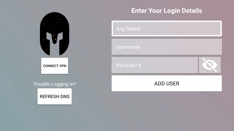 After you install the Gladiator Hosting IPTV application on your streaming device, you enter your account login information on this screen.