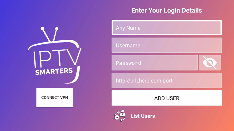 After you install the IPTV Smarters application on your streaming device, you enter your TNT IPTV account login information on this screen.