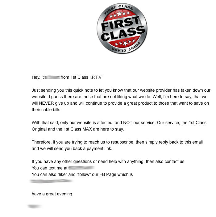 first class iptv shut down message